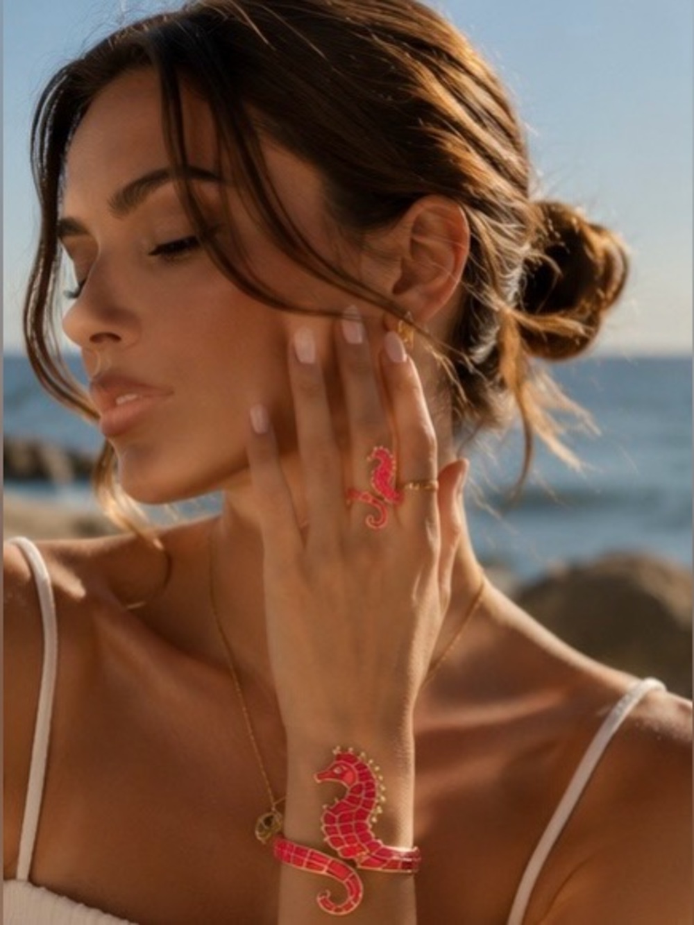 Pink Seahorse Bracelet & Ring Set | Ocean Inspired Gold Tone Jewelry
